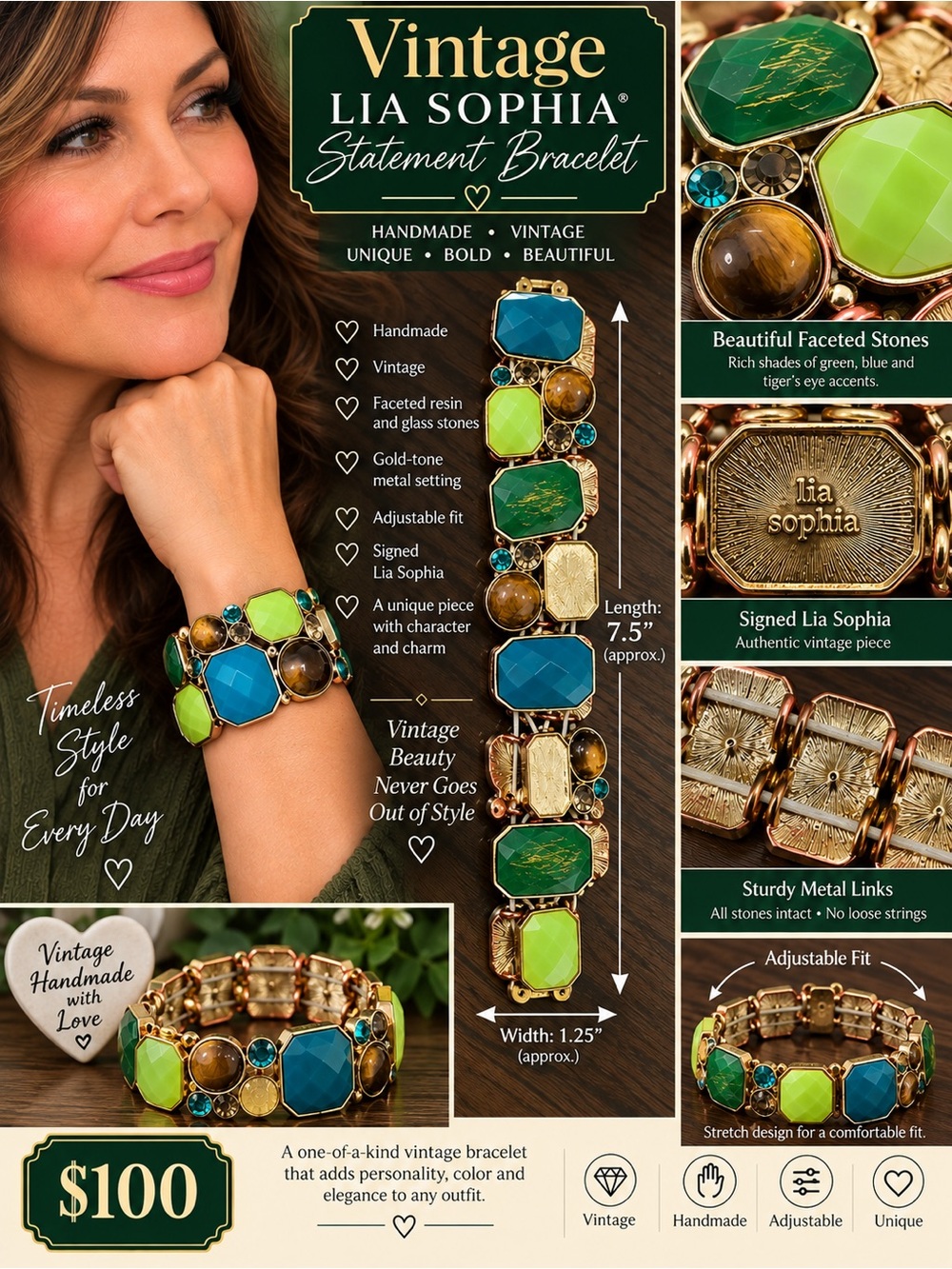 Lia Sophia Gold-Tone Bracelet with Green, Blue & Brown Stones
